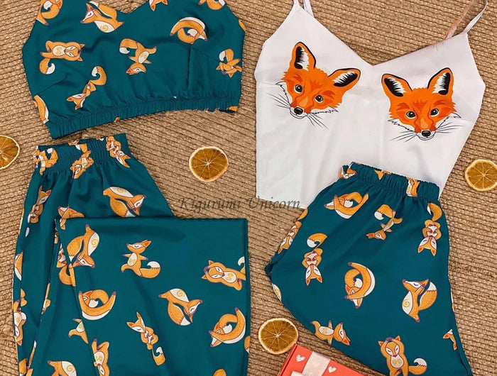 Set da 4 pezzi pigiameria da donna in raso di seta pigiama Set estivo con scollo a v cinturino da notte pigiama Homewear Fox Animal Flower Print Clothes