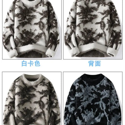 Men Jacquard Furry Sweater Long Sleeve Thick Print Faux Mink Velvet Knit Dyed Pullover O Neck High Street Warm Sweater Jumpers