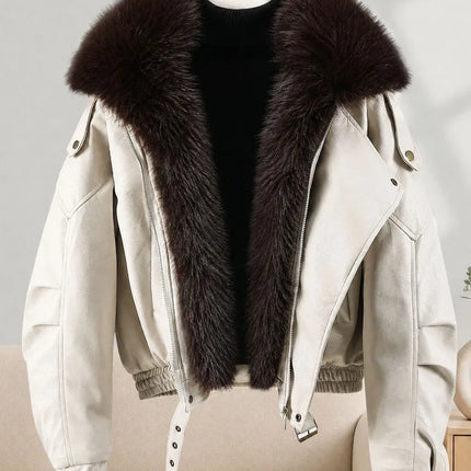 New Parkas Women Leather Jacket Big Fur Collar Tooling Cotton Jacket 2026 Winter Thicke Warm Cotton Padded Coat Female Outerwear