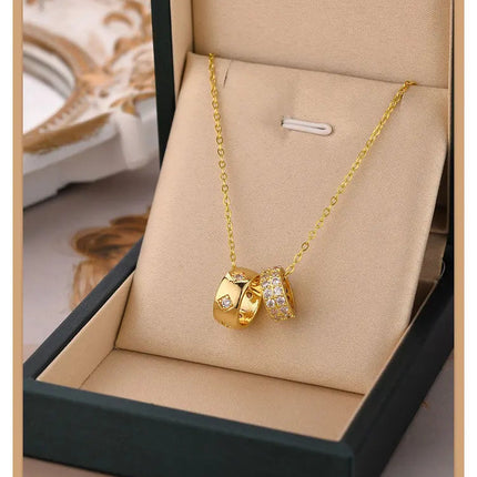 Non Tarnish Luxurious Fashion Crystal Rhombus Necklace with Ring Pendant Gold Color Jewelry for Women PlatiNum