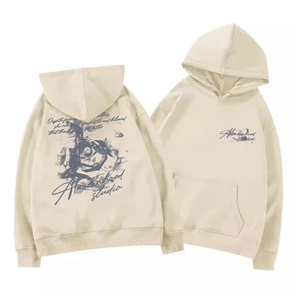 Letter patterned rose print hooded sweatshirt suitable for both men and womenOutdoor sports casual and fashionable long-sleeved