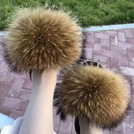 Real Raccoon Fur Slippers for Women 2023 Summer Fluffy Indoor Home Fuzzy Flat Slides Outdoor Fashion Beach Sandals Flip Flops