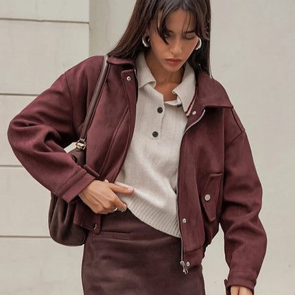 Brown Suede Leather Short Coats Women Solid Stand Collar Zipper Waist Belted Cropped Jackets 2026 Lady Autumn Y2k Casual Outwear