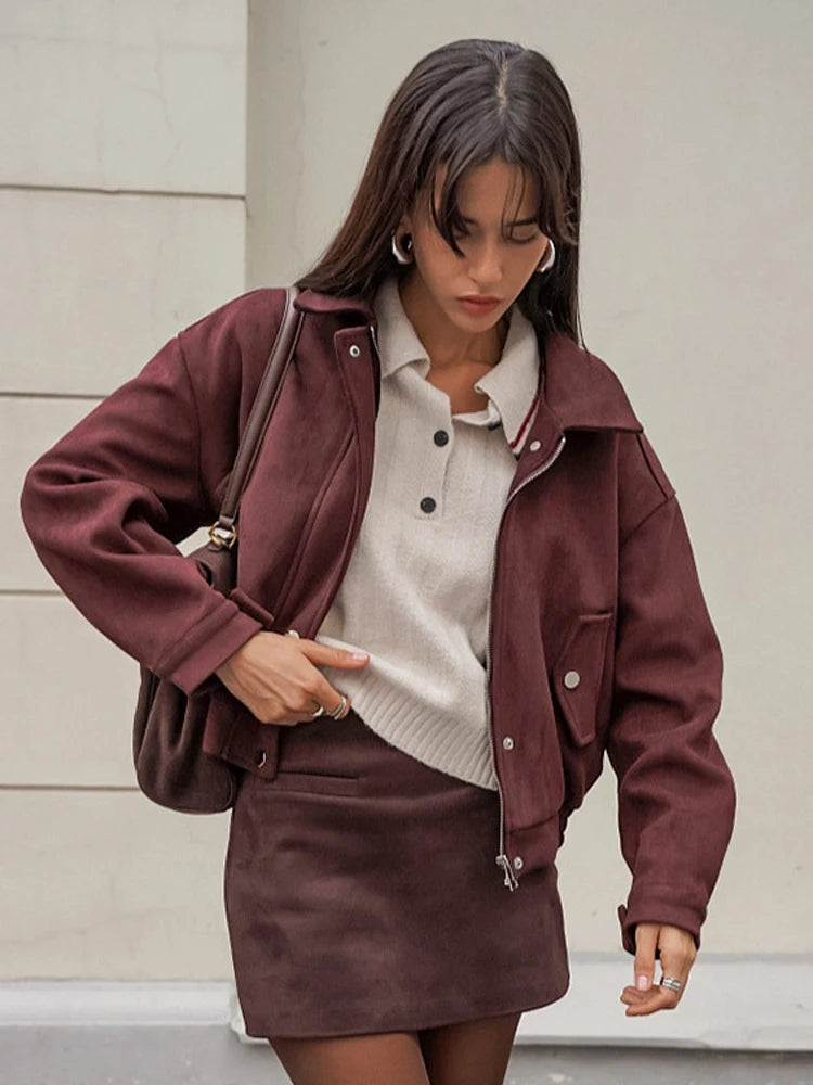 Brown Suede Leather Short Coats Women Solid Stand Collar Zipper Waist Belted Cropped Jackets 2026 Lady Autumn Y2k Casual Outwear