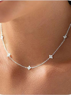 925 Silver Plated Four-leaf Flower Zircon Chain Necklace for Women Luxury Collar Charm Clover Neckla