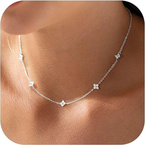 925 Silver Plated Four-leaf Flower Zircon Chain Necklace for Women Luxury Collar Charm Clover Necklaces 2025 Trend Jewelry PlatiNum