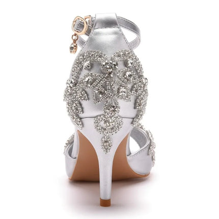 Sandalias de mujer de calidad femenina con diamantes de imitación de PU, tacón delgado de 7 cm, correa de hebilla, zapatos de vestir de estilo coreano para mujer, azul cielo maduro