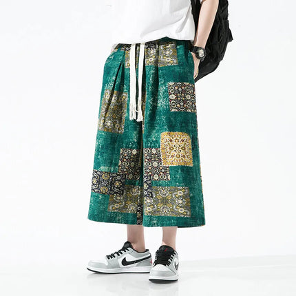 Pantaloncini da uomo estivi Stampa Pantaloni da spiaggia traspiranti a gamba larga Pantaloni larghi casual alla moda Vita elastica Comodi pantaloni al polpaccio da uomo