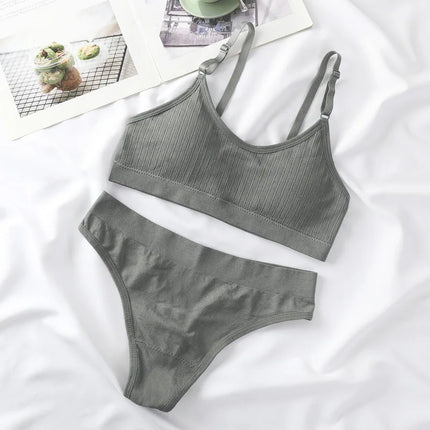 Women Seamless Bra And Panties Set Sexy Lingerie High Waist Thong Comfy Wire Free Bra Female Solid Color Ribbed Underwear Set