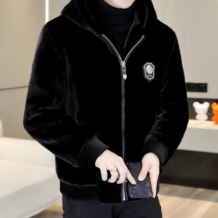 Autumn Winter Faux Fur Hooded Jacket Men Fashion Social Faux Mink Fur Casual Business Jacket Thick Warm Outdoor Windproof Coat