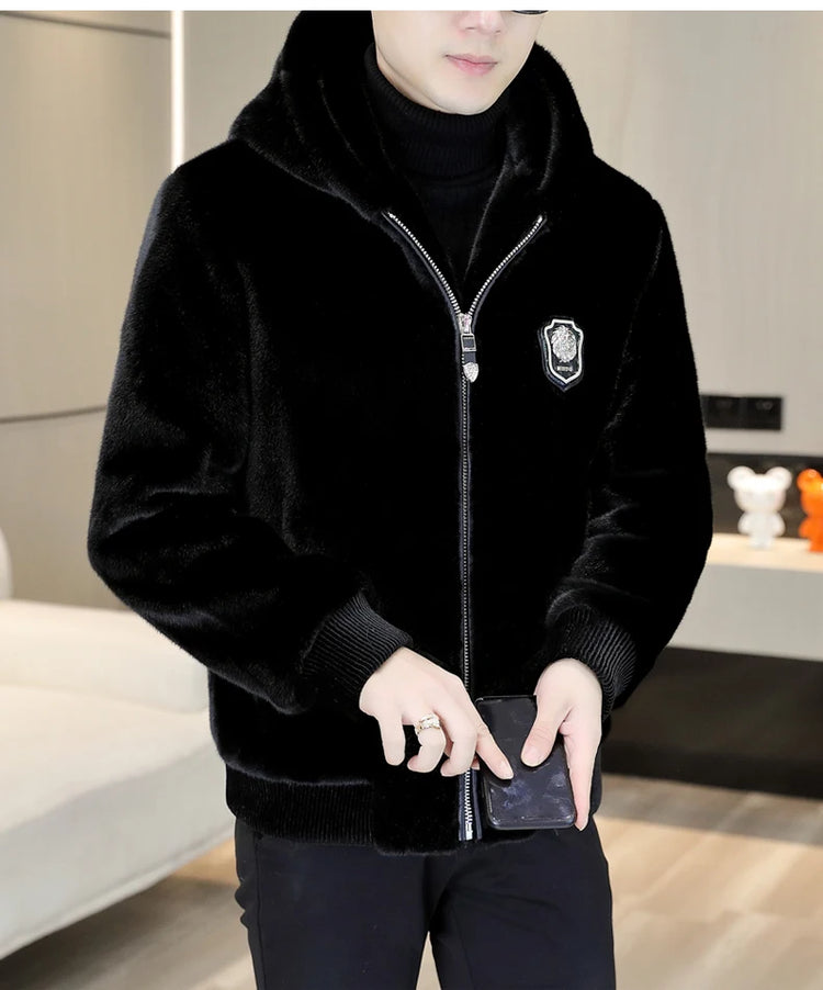 Autumn Winter Faux Fur Hooded Jacket Men Fashion Social Faux Mink Fur Casual Business Jacket Thick Warm Outdoor Windproof Coat