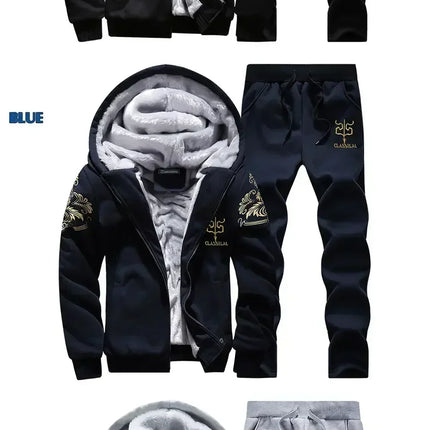 M-6XL Men's Winter 2 Piece Tracksuit Set, Thickened Warm Hooded Coat & Sweater, Outdoor Hiking Cycling Camping Running Outerwear