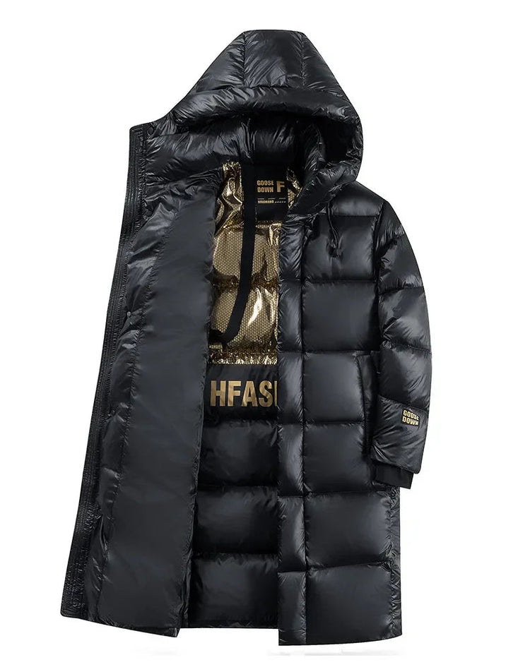 -30 ℃ Cold-proof Long Down Jacket Men's Light Luxury Black Gold Lightweight 95% Goose Down Jacket Unisex Winter Warm Hooded Coat PlatiNum