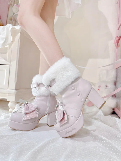 Original Japanese Sweet Cute Style Versatile Bow High Heel Boots Autumn Winter Mass-Produced Rhinestones Fur Short Boots