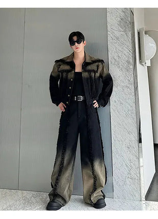 2025 New Men Denim Jacket and Jeans Set Two Piece Gradient Color Frayed Design Loose Fit High End Street Fashion Youth Trendy PlatiNum