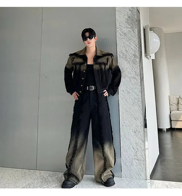 2025 Nuovi uomini Giacca di jeans e jeans Set Due pezzi Sfumatura di colore Design sfilacciato Vestibilità ampia Moda di strada di fascia alta Gioventù alla moda