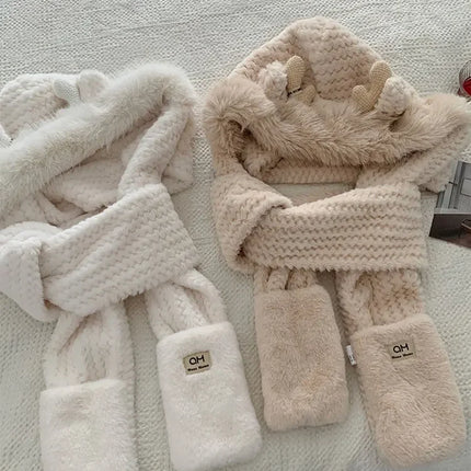 Fashion Elk Antlers Plush Hat Scarf Gloves Women's Winter Ear Protector Thickened Lei Feng Hat Cycling Ski Cap Wind Proof
