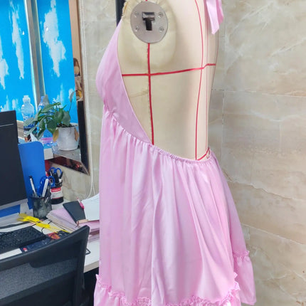 Women's silk satin halter neck and tie-front dress, backless, ruffled hem, short, mini, flowing, sleeveless, button-up, A-line, sundress style