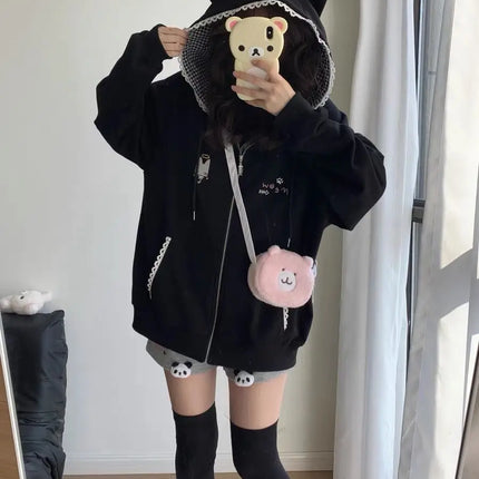 Zipper Hoodie Gothic Cartoon Kawaii Cat Ear Y2k Jacket Zip Up Thin Coat Spring Autumn Cute Core 2000s Clothes Fall Sweatshirts
