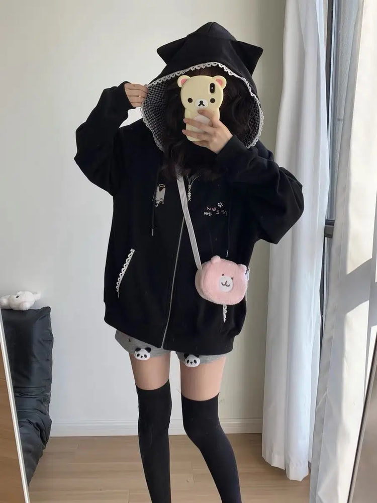 Zipper Hoodie Gothic Cartoon Kawaii Cat Ear Y2k Jacket Zip Up Thin Coat Spring Autumn Cute Core 2000s Clothes Fall Sweatshirts