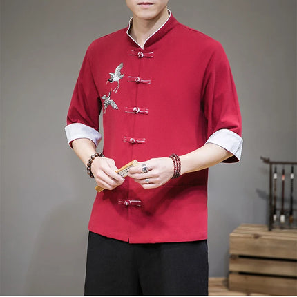 Camicie con ricamo gru Abbigliamento tradizionale cinese vintage Mezza manica da uomo in lino Solido colletto Madarin Cardigan Hanfu Kungfu