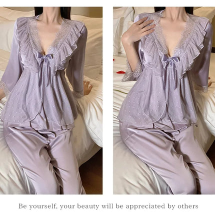 Set di indumenti da notte per la casa in raso di pizzo e pizzo da donna, pantaloni con top in pizzo dolce a V profondo, due pezzi di vestiti per la casa di grandi dimensioni bianco nero viola