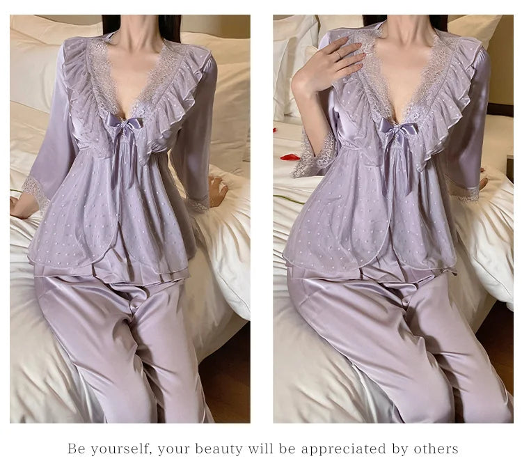Set di indumenti da notte per la casa in raso di pizzo e pizzo da donna, pantaloni con top in pizzo dolce a V profondo, due pezzi di vestiti per la casa di grandi dimensioni bianco nero viola