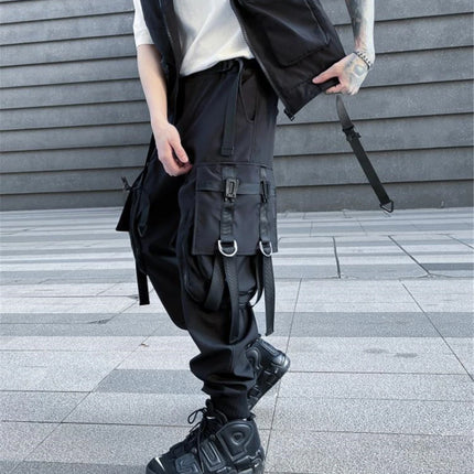 Hip Hop Tactical Cargo Pants Men Multi Pocket Ribbon Design Joggers Trousers 2023 Spring Functional Elastic Waist Pant Black