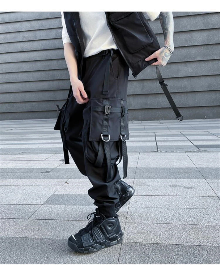 Hip Hop Tactical Cargo Pants Men Multi Pocket Ribbon Design Joggers Trousers 2023 Spring Functional Elastic Waist Pant Black