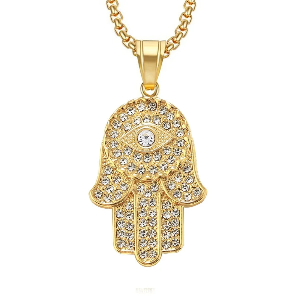 Collana con ciondolo mano di Fatima turca malocchio Hamsa Catene ghiacciate in acciaio inossidabile color oro per gioielli Hip Hop da donna