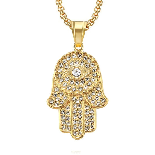 Collana con ciondolo mano di Fatima turca malocchio Hamsa Catene ghiacciate in acciaio inossidabile color oro per gioielli Hip Hop da donna