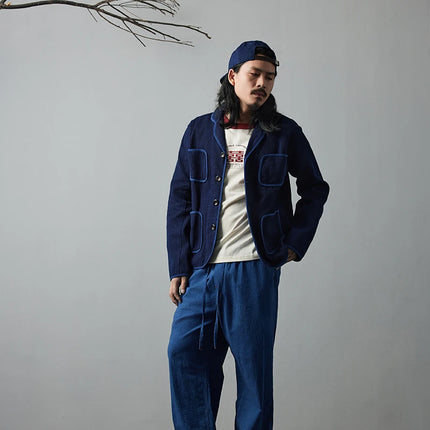 Vintage Handmade Indigo Jacket Men Spring Autumn New Lapel Multi-pocket Plant Blue Dyed Long Sleeve Jacket Casual Cardigan Coat