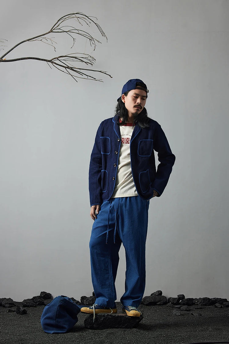 Vintage Handmade Indigo Jacket Men Spring Autumn New Lapel Multi-pocket Plant Blue Dyed Long Sleeve Jacket Casual Cardigan Coat