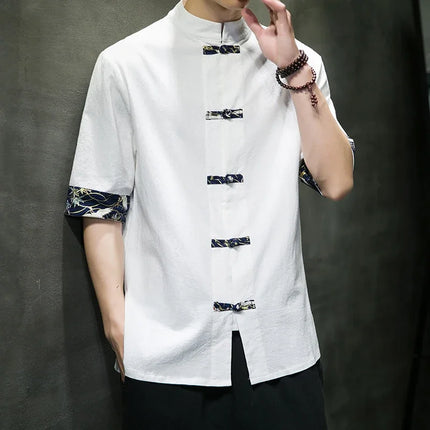 Camicia Kimono giapponese da uomo cinese retrò stampa casual cotone lino cuciture top a maniche corte estate uomo di alta qualità streetwear