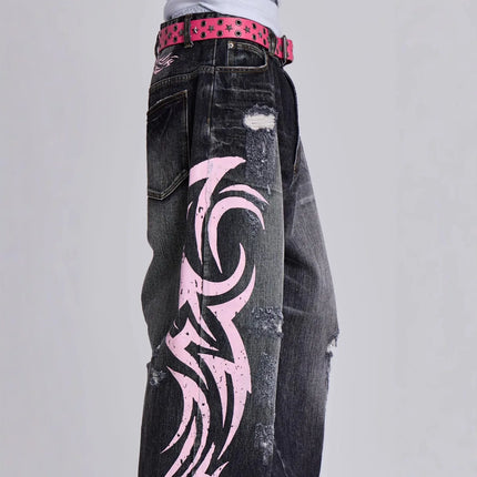 Women's Denim Jeans Wide Leg Long Pants High Waist Straight Hole Pants Y2k Streetwear Print Mom Jeans Casual Loose 2025