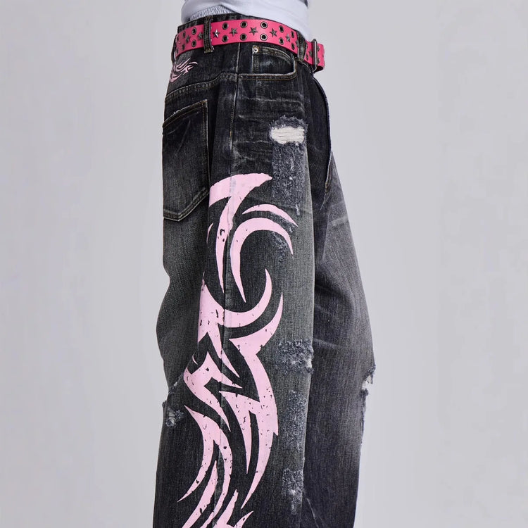 Pantaloni in denim Jeans da donna Pantaloni lunghi a gamba larga Pantaloni dritti a vita alta con foro Y2k Streetwear Stampa Jeans mamma Casual Allentati 2025