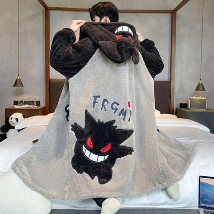 Kawaii Pokemon Pikachu Print Men's Fleece Pajama Set Hooded Robe + Pants Super Soft Winter Loungewear Cute Anime Sleepwear New