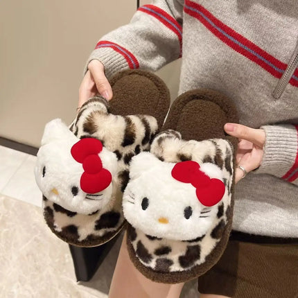 Women Cute Cartoon Cat Leopard Print Plush Slippers Warm Fuzzy Non-Slip Soft Sole Winter Indoor Bedroom Cozy House Home Shoes