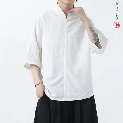 Camicie da uomo estive in lino di alta qualità, tinta unita, a maniche corte, stile cinese tradizionale, per Kung Fu e Tai Chi