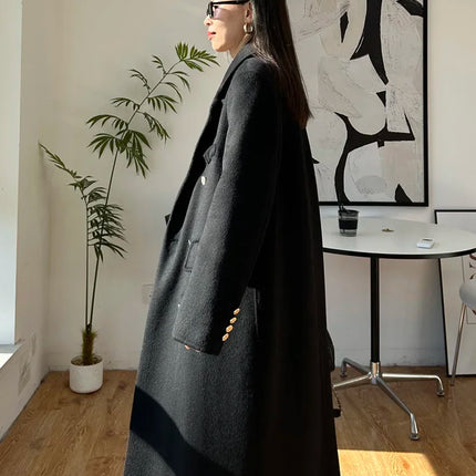 High-end Thick Double-sided Wool Coat Female Fashion Long  Autumn Winter Lapel Double Breasted Wool Coat Women Loose Outerwear