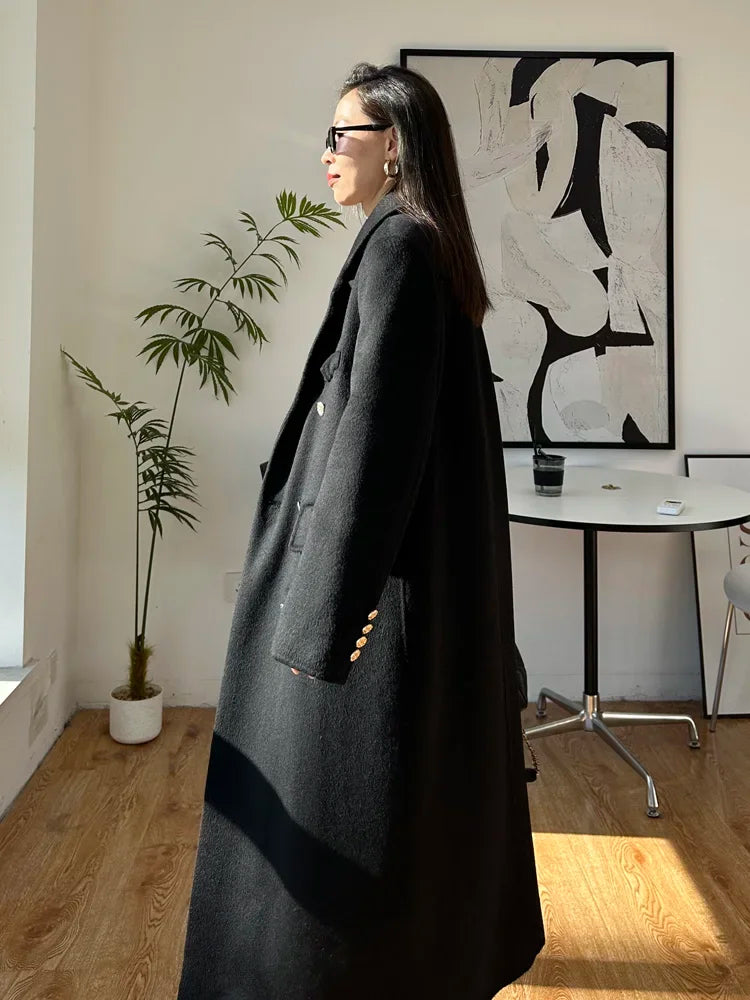 High-end Thick Double-sided Wool Coat Female Fashion Long  Autumn Winter Lapel Double Breasted Wool Coat Women Loose Outerwear