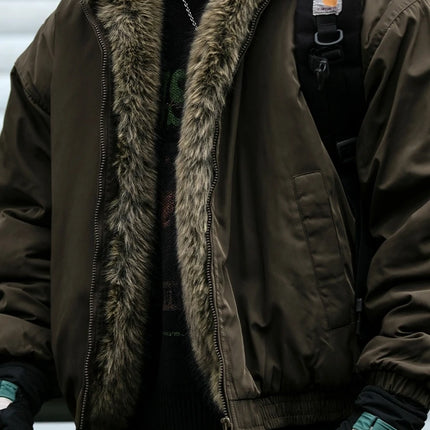 Mens Korean Streetwear Thick Warm Jacket Winter Fleece Lined Fur Collar High Quality Cold Proof Heavyweight Outdoor Thermal Coat
