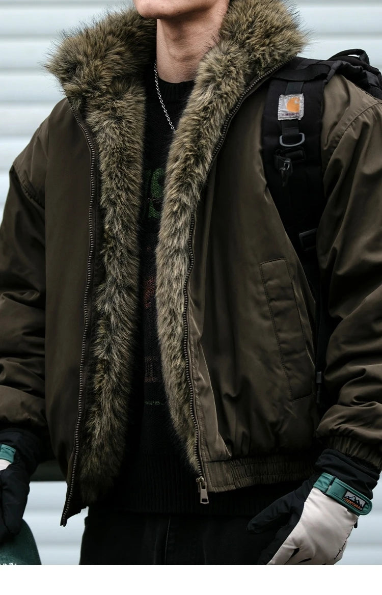Mens Korean Streetwear Thick Warm Jacket Winter Fleece Lined Fur Collar High Quality Cold Proof Heavyweight Outdoor Thermal Coat