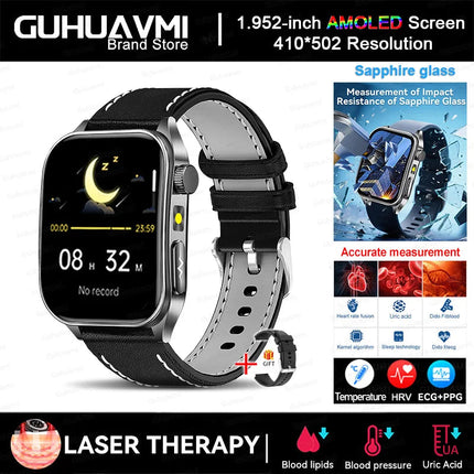 2025 Trattamento laser Tre Smartwatch alti 1.95 "Schermo curvo in zaffiro ECG + PPG Grasso nel sangue Acido urico Diagnosi salute Smartwatch platinumshop