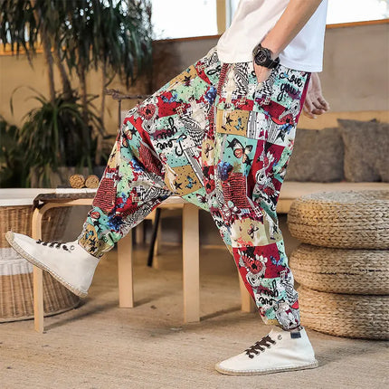 Pantaloni Harem da Uomo 2026 Stile Retrò con Stampa, Pantaloni Jogger Larghi e Comodi con Cavallo Ribassato, Stile Nepal Oversize, Pantaloni Casual da Uomo con Cavallo Ribassato
