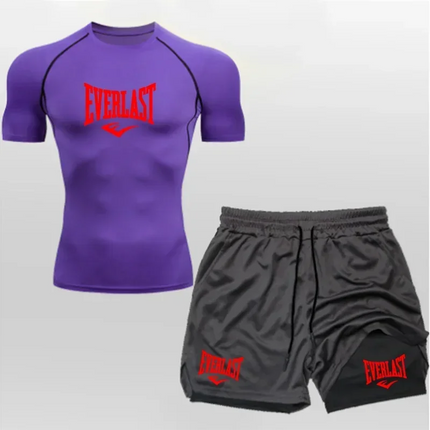 EVERLAST Camicia da Compressione da Uomo + Pantaloncini Sportivi 2 in 1 Set da 2 Pezzi per Il Tempo Libero Respiro Manica Corta Sport Jogging Palestra Marchio di Abbigliamento Stampa platinumshop