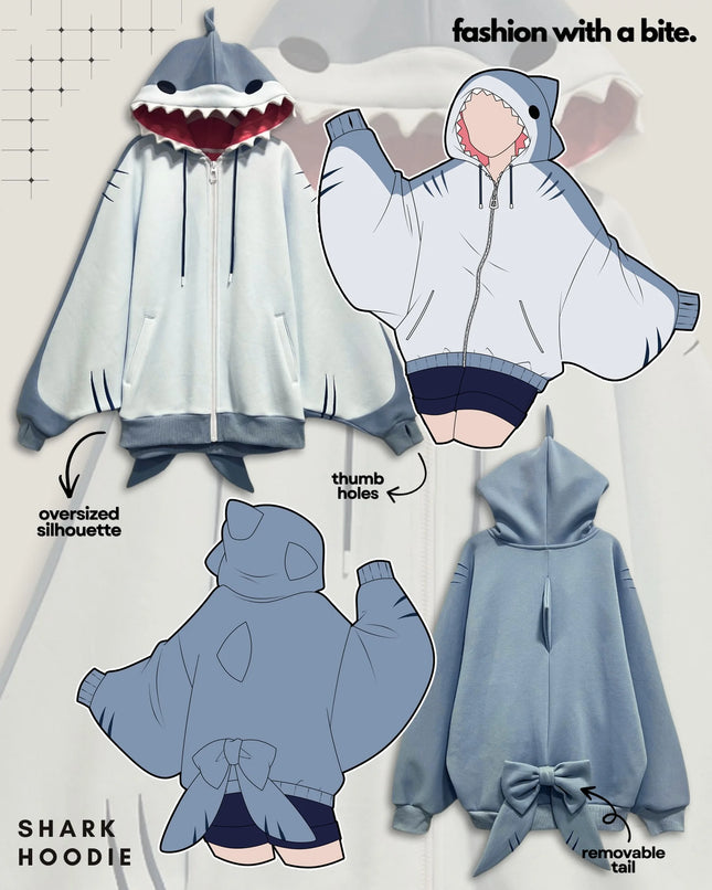 Japanese Niche Anime Three-Dimensional Shark Shape Hooded Sweater For Women With Bow Loose Casual Zipper Hooded Sweatshirt