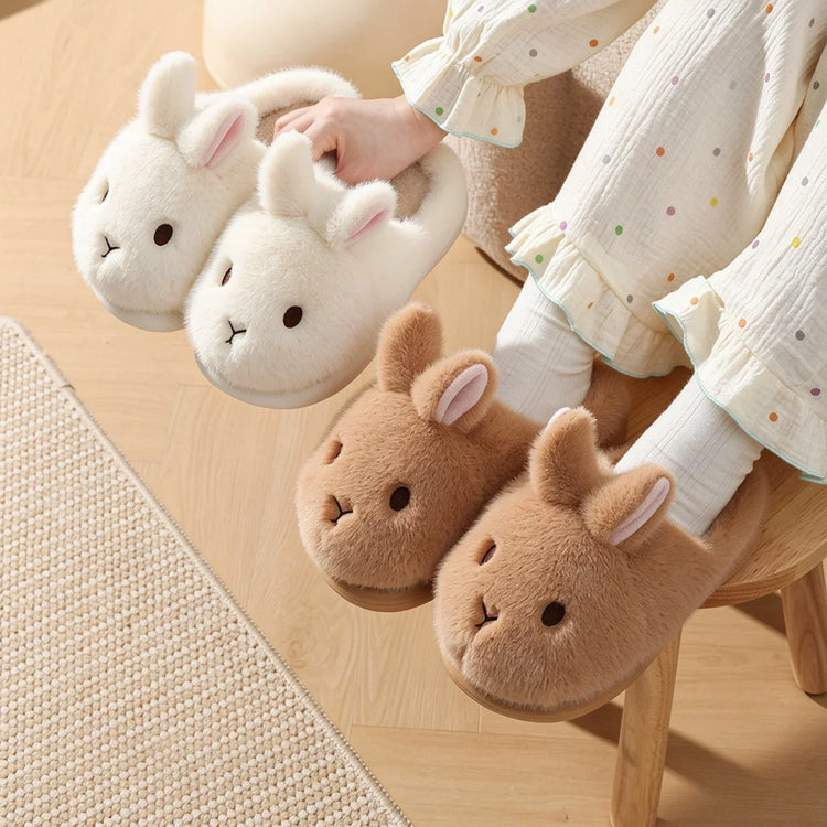 Women's Cute Rabbit Cotton Slippers Autumn and Winter Cartoon 3D Bunny with Plush Insulation, Thick Bottom, Home Plush Slippers
