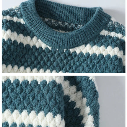 Winter Men's Loose Pullover Male Slim Fit Fashion Knitted Sweater Man Thick Warm Pull Homme Retro Stripe Sweaters