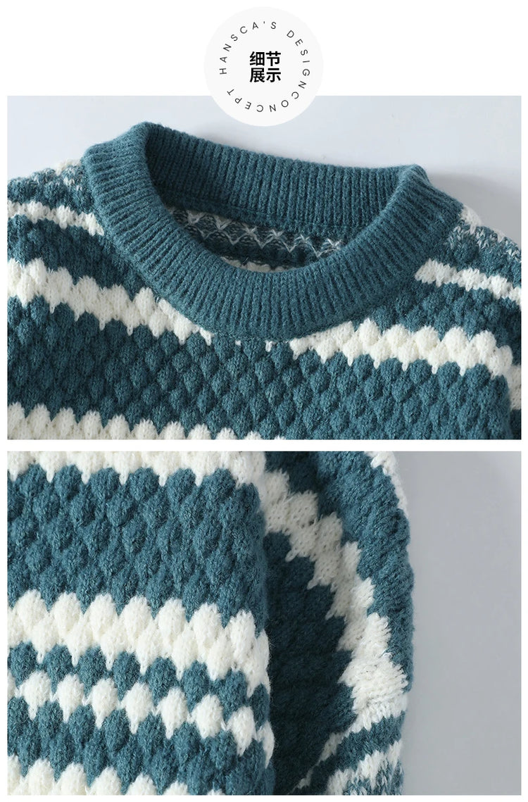 Winter Men's Loose Pullover Male Slim Fit Fashion Knitted Sweater Man Thick Warm Pull Homme Retro Stripe Sweaters